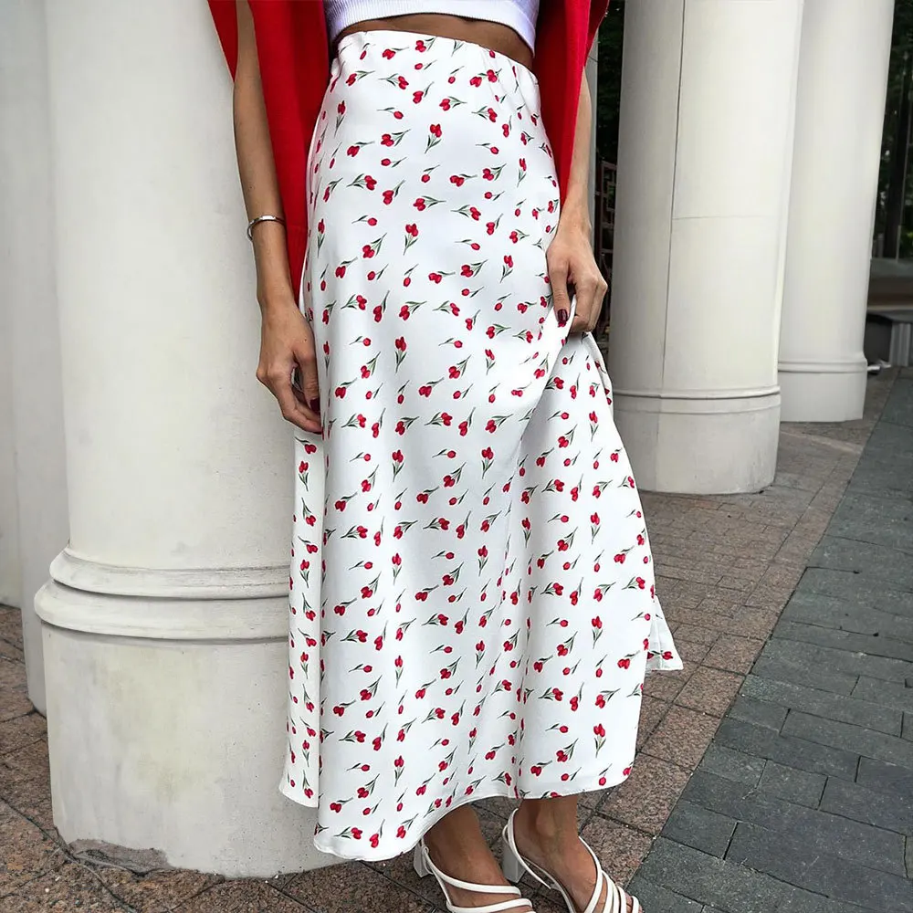 Floral Skirt, European and American Spring 2024 Elegant High Waisted A-line Fishtail Cherry Print Skirt