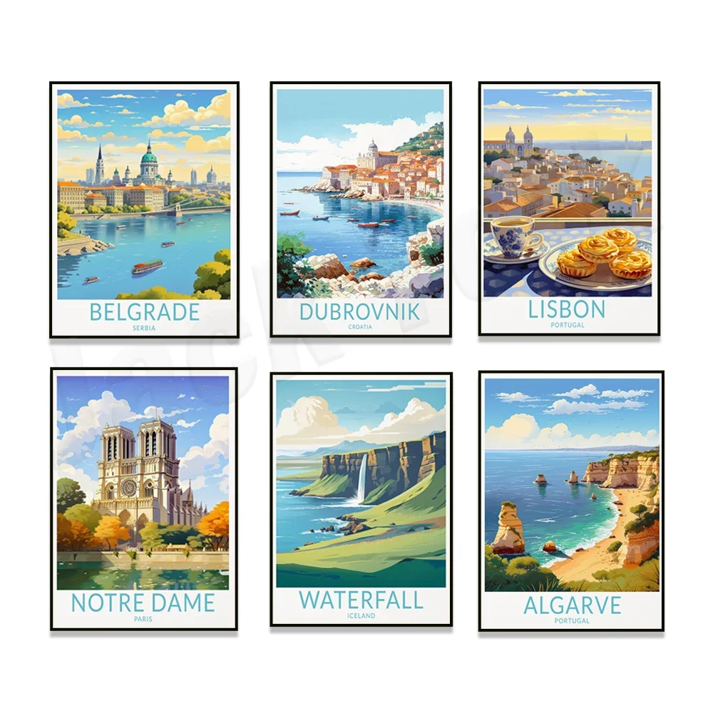 Prague, Reykjavik, Dubrovnik, Algarve, Lake Garda, Belgrade, Notting Hill London, Provence France, Havana Cuba travel posters