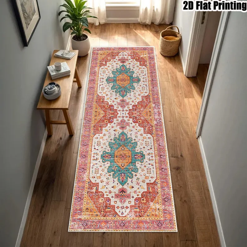 Pink Orange White Multicolor Mandala Bohemian Runner Rug for Entryway Vibrant Pattern Carpet Floor Mat Style