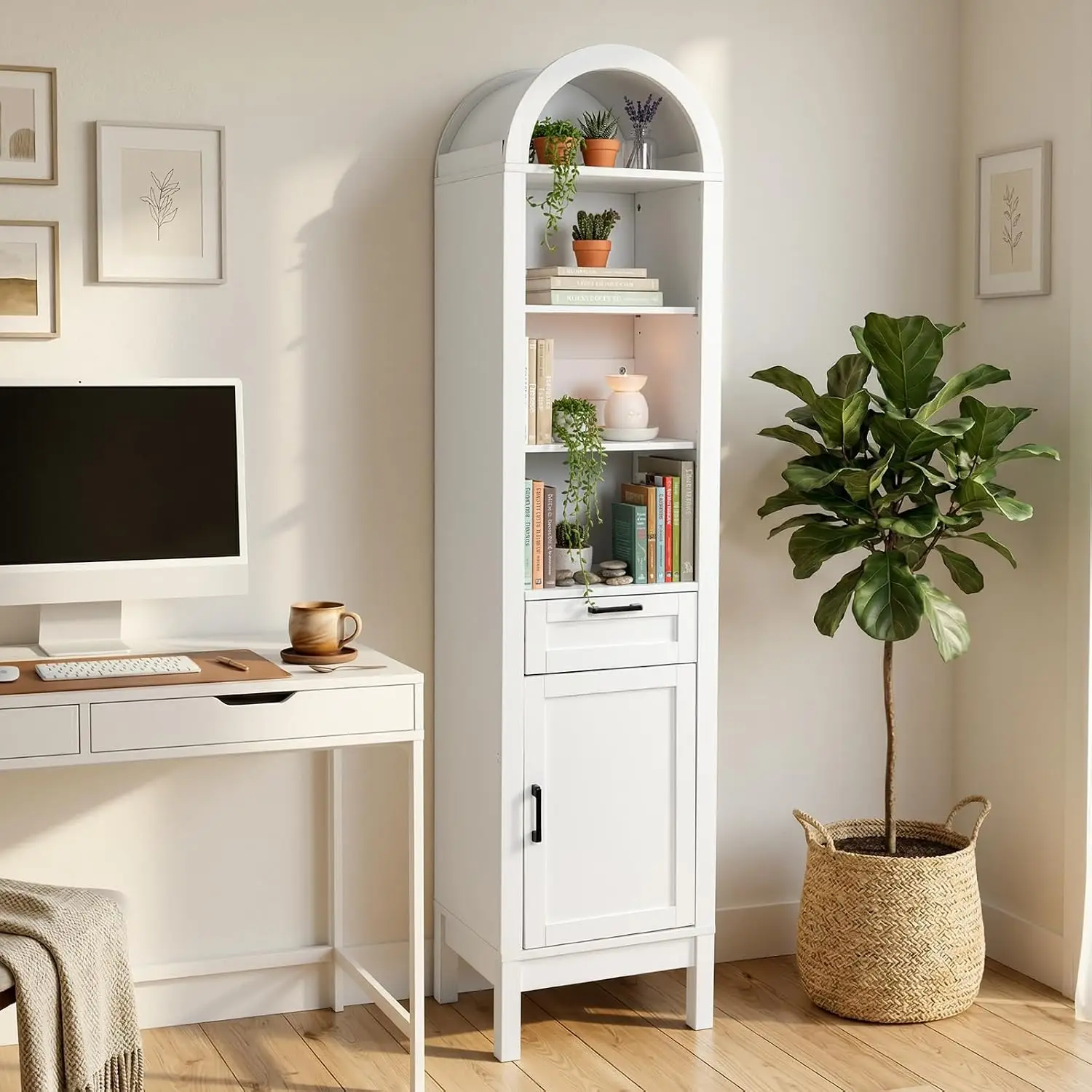 Mobile Kitchen Pantry Storage Cabinet Single Arched Door Rolling Food Closet Cupboard Space Saving Wooden Accent Utility Organizer Tower Unit Farmhouse Display Rack Wood Finished