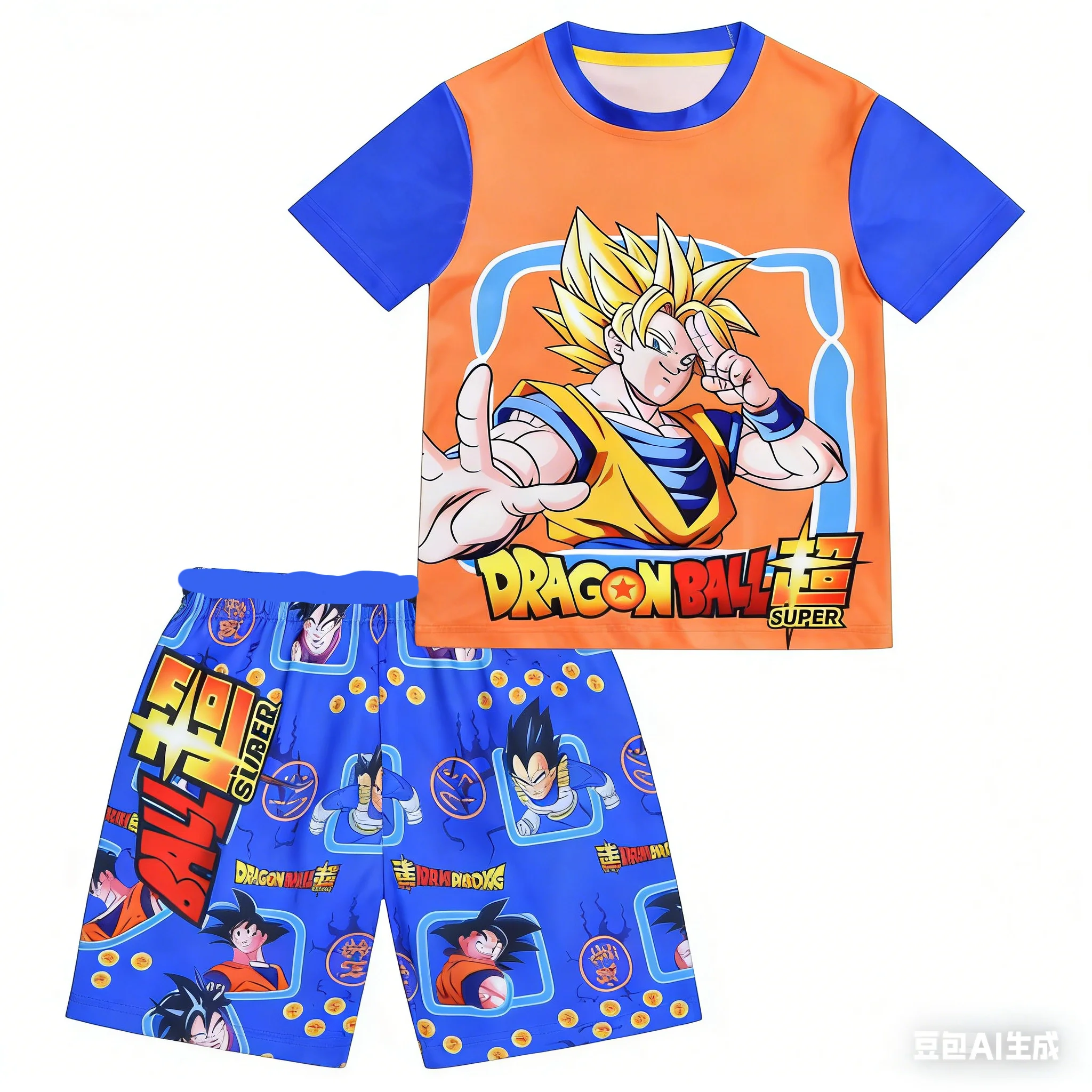Goku Super Saiyan Pyjama für Erwachsene und Kinder, Dragon Ball 3D-Druck, Zweiteiliges Loungewear-Set, T-Shirt, Shorts