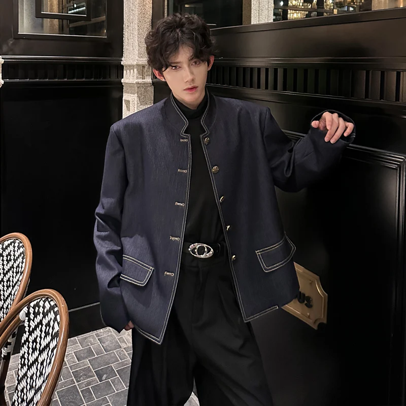 

Fall Season ort Men's Denim Jaet oulder Pads Deconstructed Design Korean Sle Stand Collar Faionable Chinese New Sle