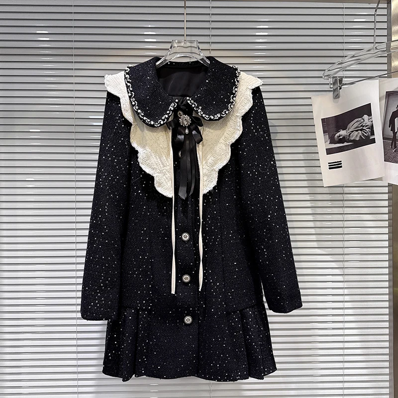 Small fragrant style pearl nails bead edges shawl woolen fabric down jacket 2025 winter new elegant middle length coat