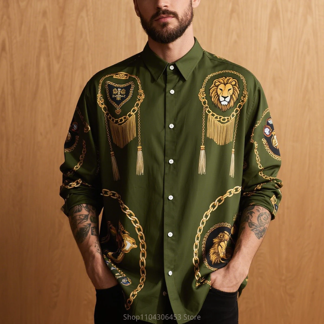 الرجال نمط جديد الأسد الرجعية سلسلة تكبل 3D قميص مطبوع بأكمام طويلة ساحة طوق لينة ومريحة النسيج الأعمال عارضة