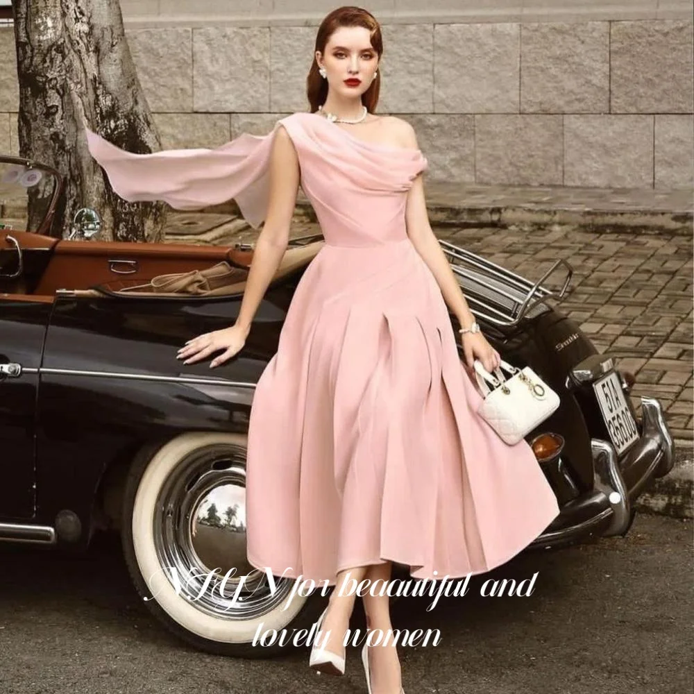

NFYN Pink Soft Stain A-line Evening Dresses One Shoulder with Pleats Prom Dresses Simple Ruched Formal Occasion Dress Customized