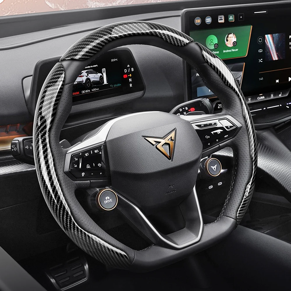 Coprivolante in Fibra di Carbonio Lucida Sportiva per Cupra, Stile Snap-On, Compatibile con Formentor, Leon Sportstourer, Born, Ateca, Tavascan, Terramar, Accessori Interni Auto Neri, Guscio Protettivo