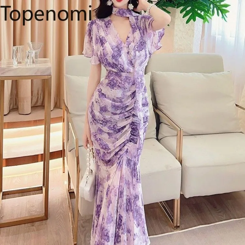 Topenomi Gentle Print Chiffon Evening Dresses Women 2024 Summer Elegant V Neck Slim Fit Waist Fishtail Party Vestidos De Fiesta