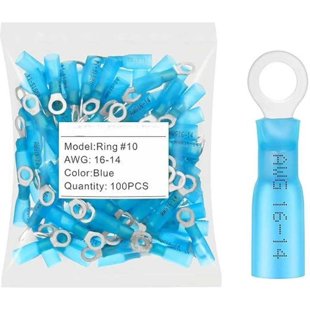 

100PCS Blue RV2-5 Ring Heat Shrink Electrical Connector Crimp Terminals 16-14AWG #10 M5 Stud