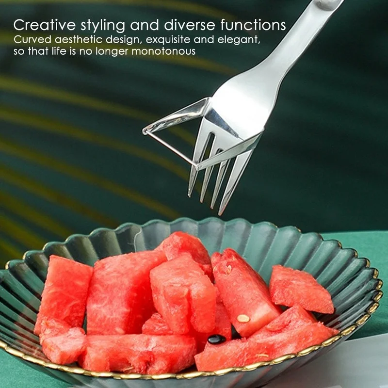 2 in 1 Watermelon Slicer with Fork Durable Watermelon Cutter Stainless Steel Watermelon Cutting Ruler for Fruit Plate