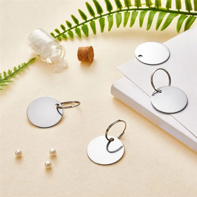 AEE4-100 Pack Round Stamping Blanks Stainless Steel Blank Tags With Hole Blank Dog Tags Metal Polished Blank Tags