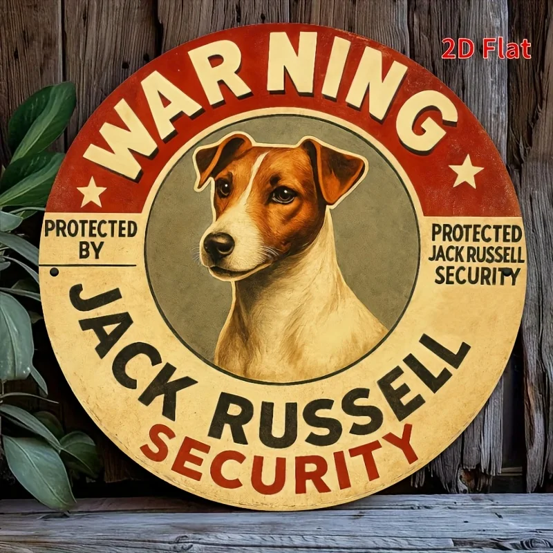 2D Flat, Vintage Jack Russell Terrier Sicherheits-Metallschild – 2D Flat Printed Iron Wall Art mit „Protected by Jack Russell Secu“.