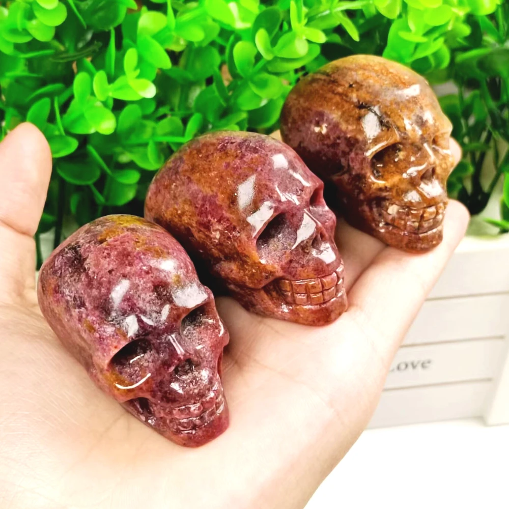 Natural Rhodonite Skull Carving, Healing Crystal Ornaments, Mineral Specimen, Holiday Gifts for Halloween, Energy Home Decor
