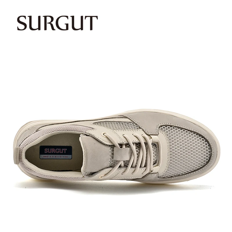 SURGUT Genuine Leather Breathable Mesh Shoes Comfortable Casual Lace Up Quality Thick Outsole Sneakers