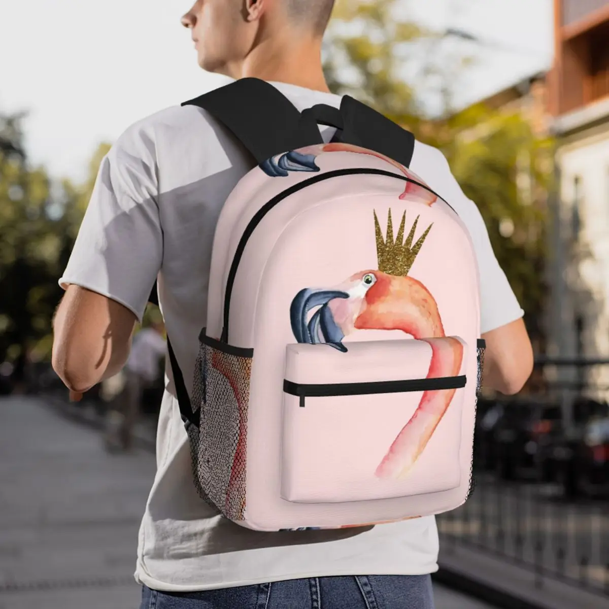 

Flamingo With Gold Glitter Crown Backpack Daypack Large Capacity Kids BookBag School Bag Shoulder Bags for Men Women