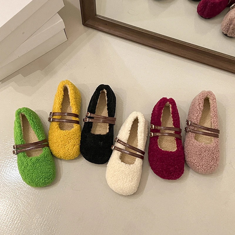 

Pink Green Round Toe Lambswool Ballet Flats Woman Winter Warm Plush Buckle Strap Loafers Brand Design Teddy Fur Mary Jane Shoes