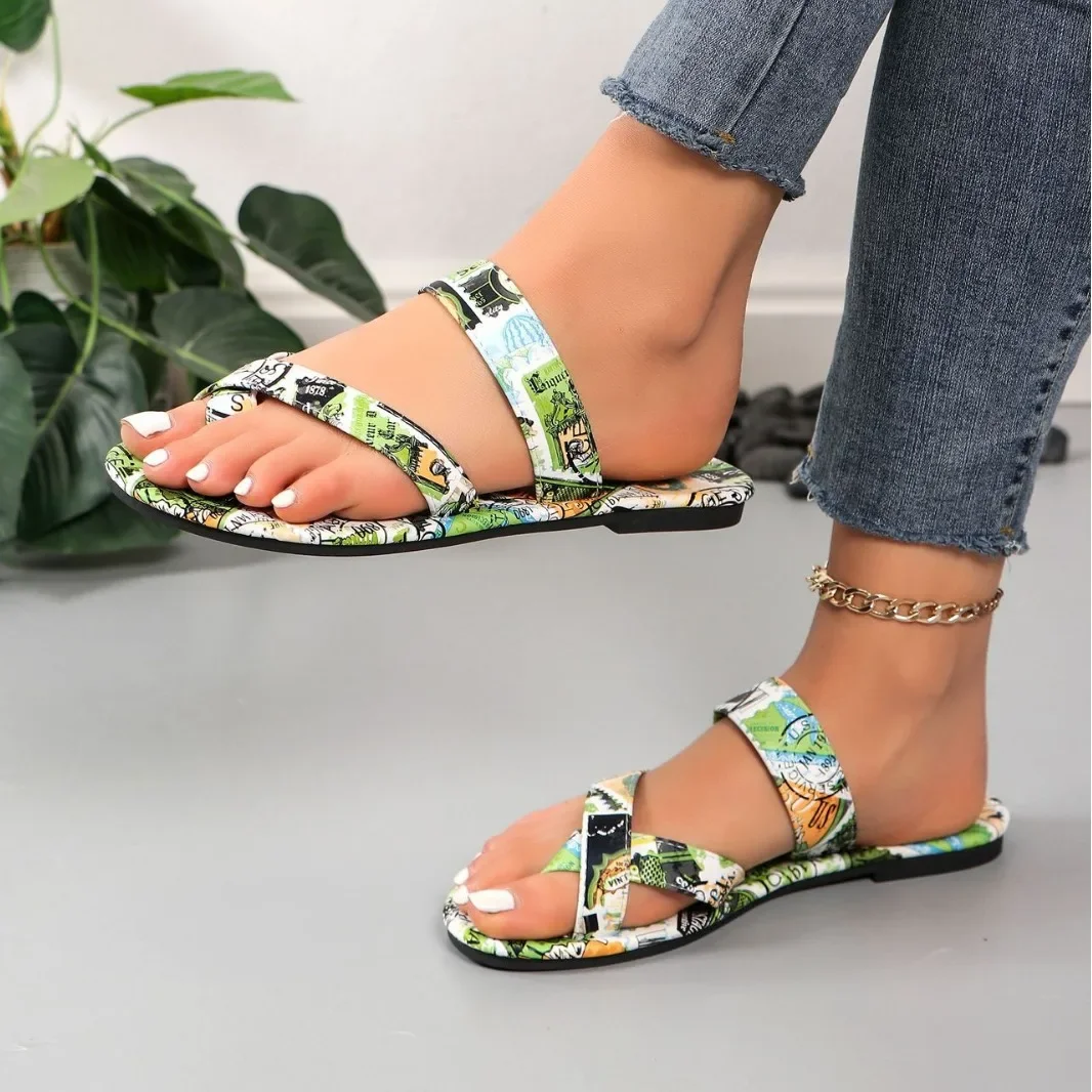 Women Sandals Flat Sandals  Summer New Fashion Printingcomfort  for Women Retro Beach Flip Flops Zapatos De Mujer