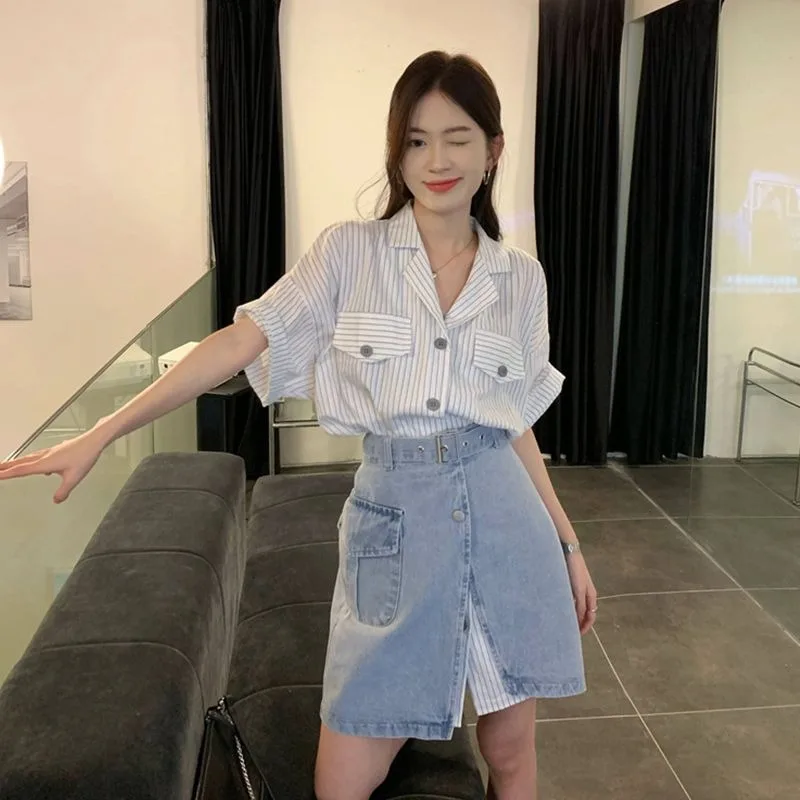 

Women's Summer Loose Stipe Long Shirts Mini Denim Skirts Two Piece Suits Lady Fashion Half Blouse Jeans Outfits 2025 New Suits