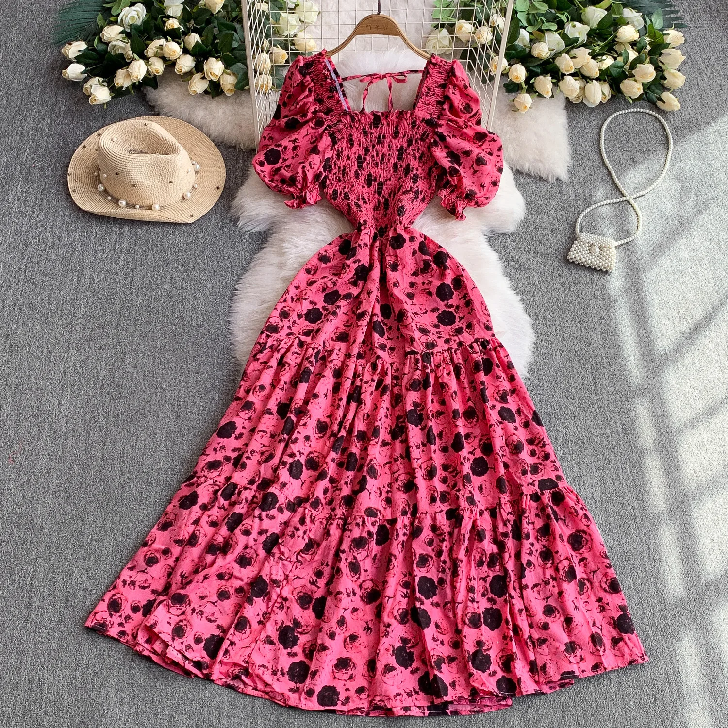 

2025 Holiday Style Retro Boho Printed Dress Women Summer Square Neck Puff Sleeve Elastic Waist Slimming Pleated Long Dress
