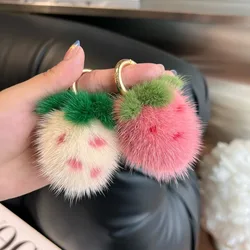 Mini Cute Strawberry Real Mink Fur Key Chains Plush Ball Toy Women's Bag Charm Ornaments Car Keyring Trinkets Cell Phone Pendant