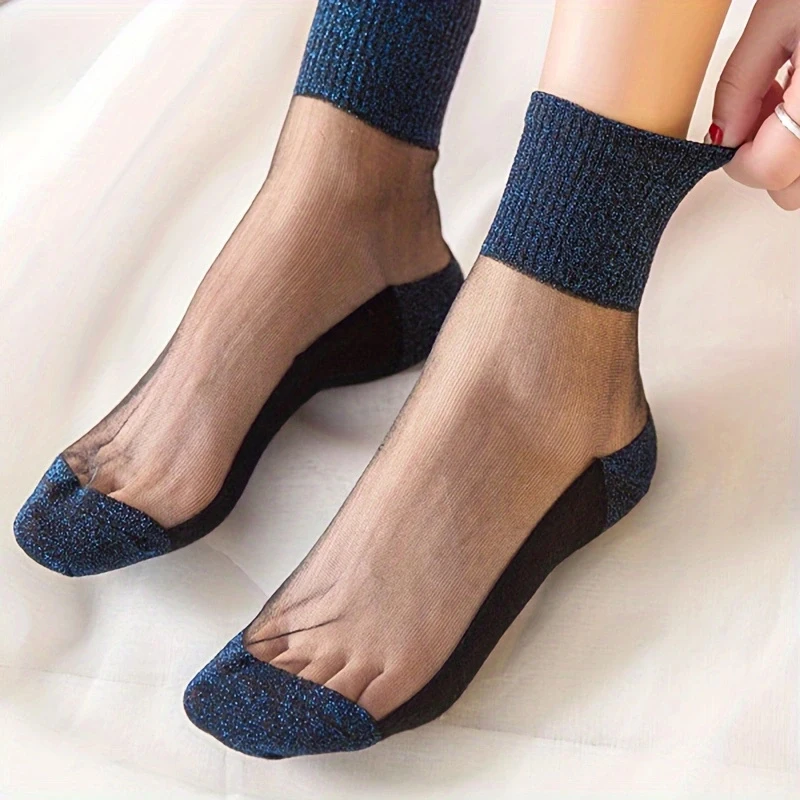 1/2/3/4/5Pairs Blue Shiny Detail Socks,Colorblock Sheer Mesh Mid Tube Socks, Women's Stockings & Hosier