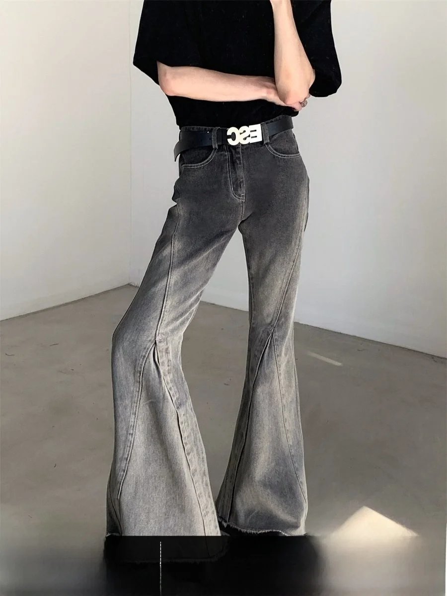 High Waist Bell Bottom Jeans Men's Gradual Washed Distressed Leg Lengthening Water Washed Denim Pants Trendy Street Style