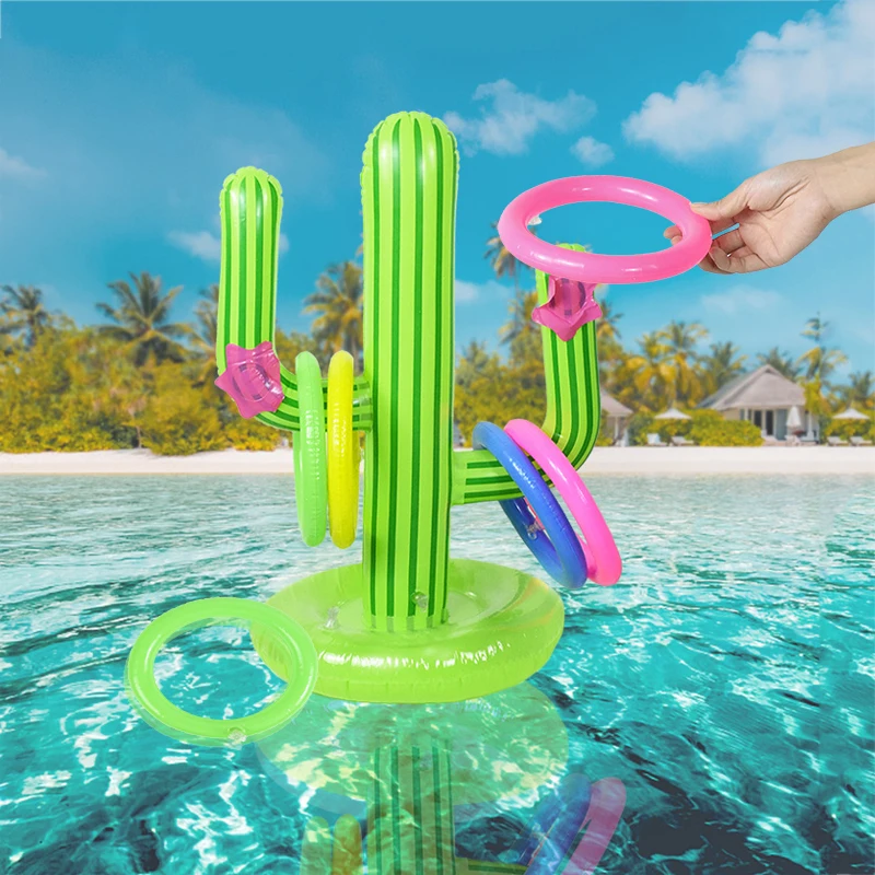 Inflatable Cactus Ring Toss Game Toy Swimming Pool Fun Toy Hawaiian Beach Party Decor Prop Plaything Air Mattress With 4 Circles