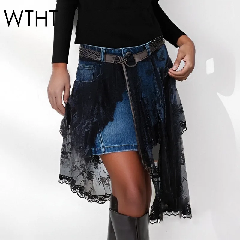 

WTHT Fashion Women's Spliced Irregular Mesh Denim Mini Skirts 2025 Summer Trendy High Waist A-line Skirt Female 1LS2335