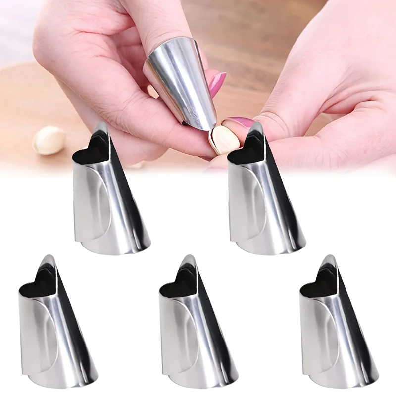 5Pcs Stainless Steel Finger Guard Anti‑Cut Hand Protector Multi‑Function Kitchen Tool Garlic Peeler Vegetable Picker for Nail Pr