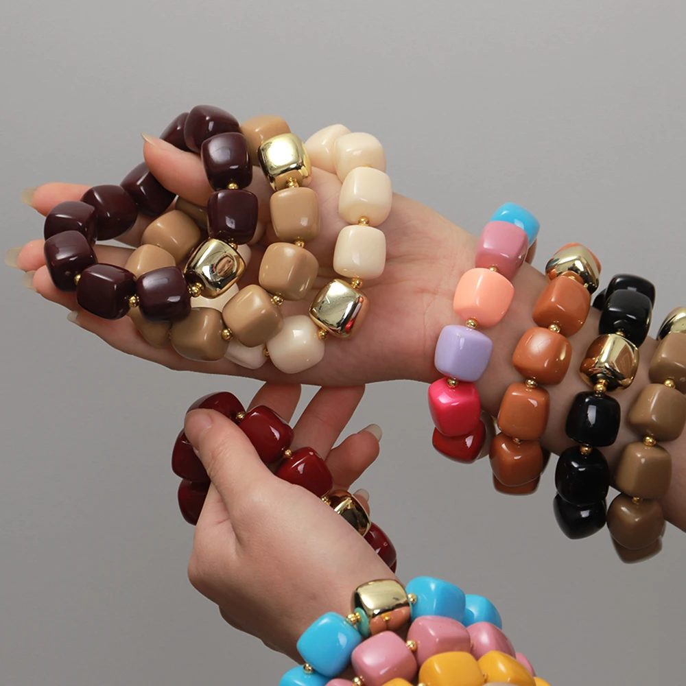Trendy Colorful Square Beads Elastic Bangle Bracelets New Resin Geometric Beaded Stackable Bracelet 2026 Spring Summer Jewelry