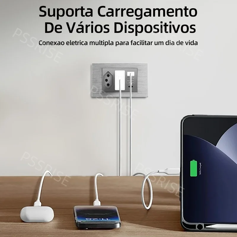 

PSSRISE Серый алюминиевый провод USB Type-C, бразильская стандартная розетка 118мм*72мм, настенная розетка с выключателем света и кнопками