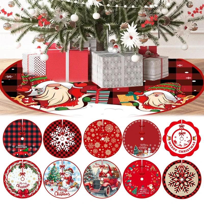 

New 90cm Red Rustic Christmas Tree Skirt Santa Snowflake Print Soft Polyester Mat Vintage Xmas Tree Bottom Decor for Home Party