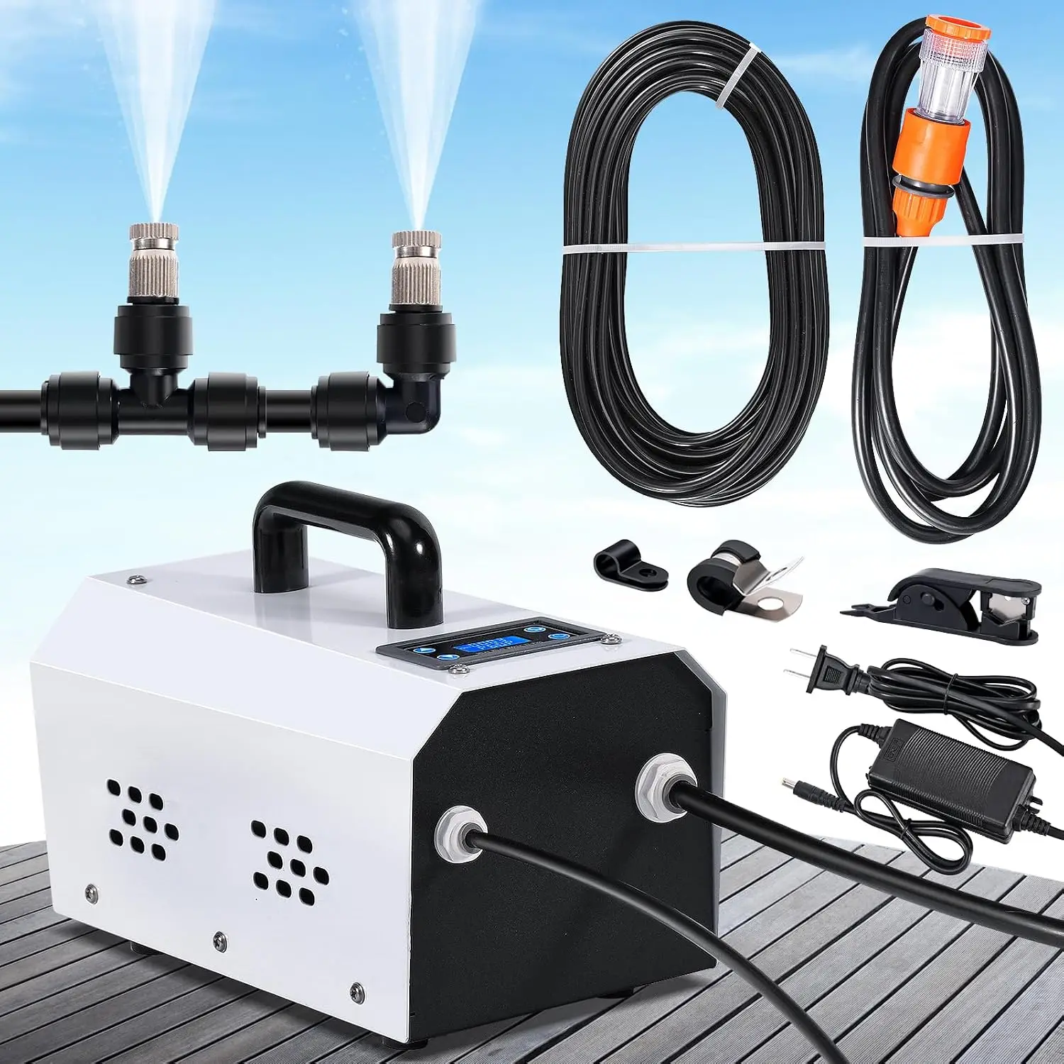 High Pressure Outdoor Misting Cooling System for Patio, 65.6FT Misting Line with Brass Mist Nozzles, Pump Kit & Self-Priming Sprayer Misters for Chicken Coop, Garden, Greenhouse