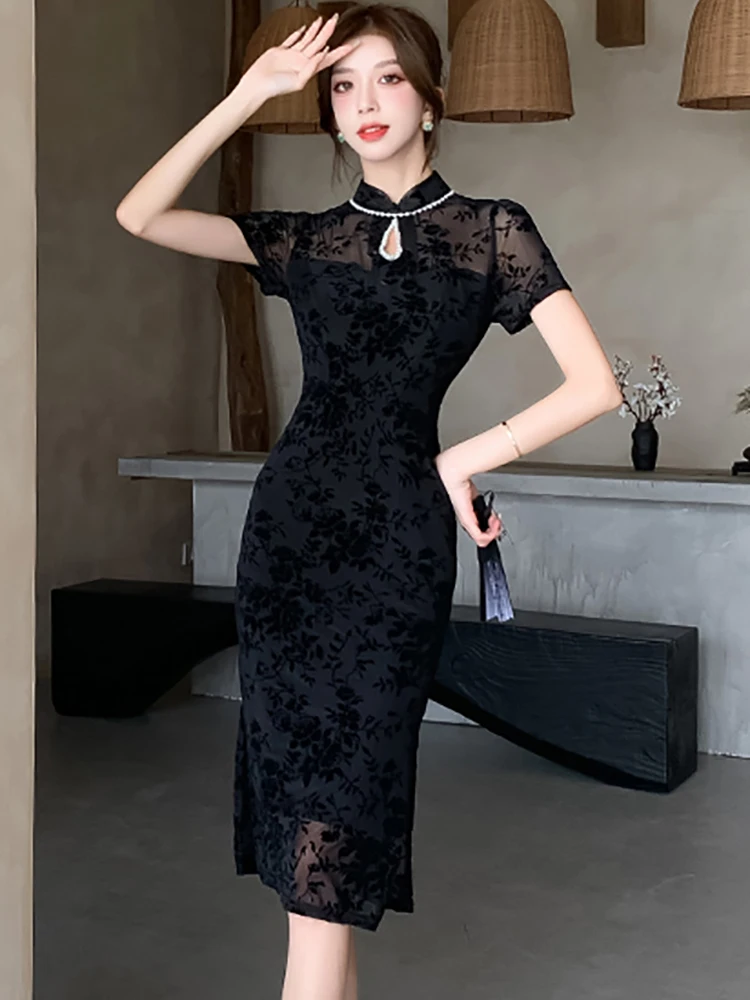 Black Jacquard Patchwork Lace Sheer Sexy Dress for Women 2024 Korean Vintage Diamonds Luxury Dress Summer Elegant Bodycon Dress