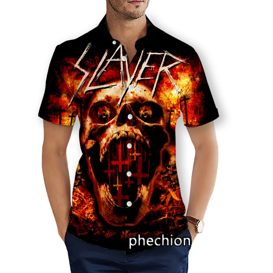 

phechion Summer Mens Short Sleeve Beach Shirts Slayer Band 3D Printed Casual Shirts Fashion Streetwear Men Tops X63