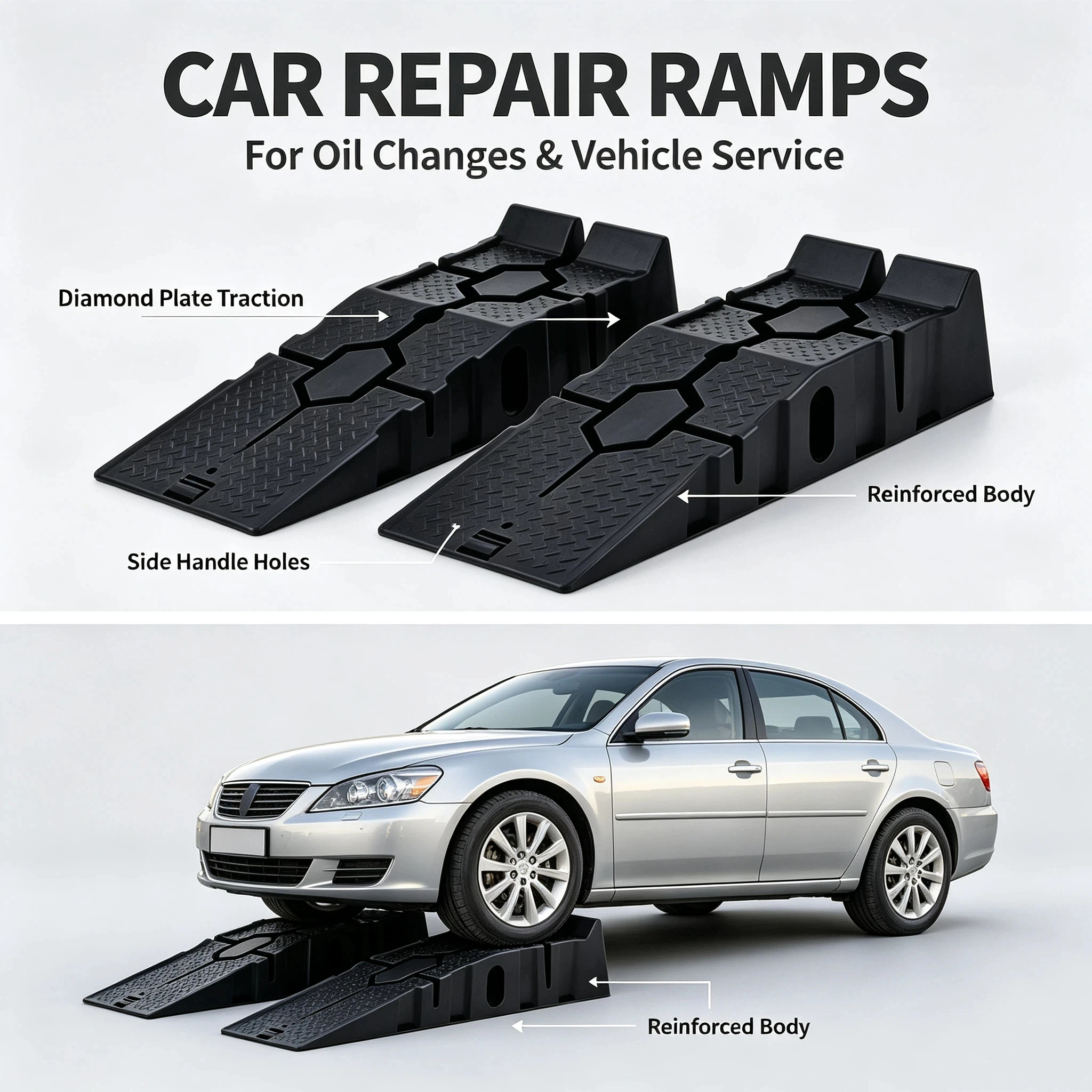 Black 2500kg Heavy-Duty Car Ramps 900mm Long Anti-Slip Work Ramps for Oil Change And Car Repair Maintenance Lift Tools Set
