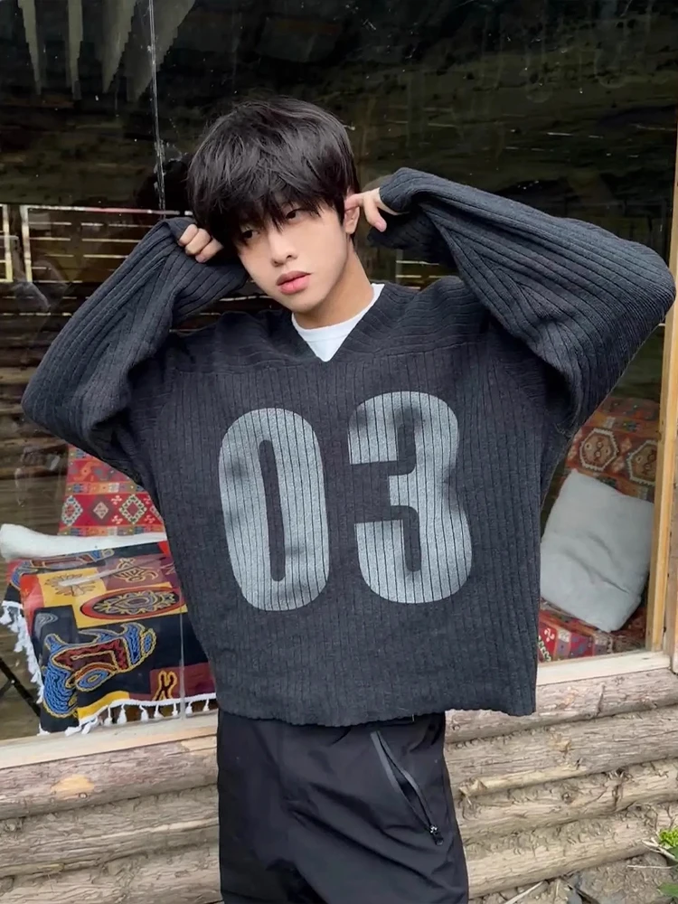 

American Sle V-Ne Knitted Sweater Men's Autumn Loose Fit Digital Print Casual Loose Long Sve Top Faionable Versatile