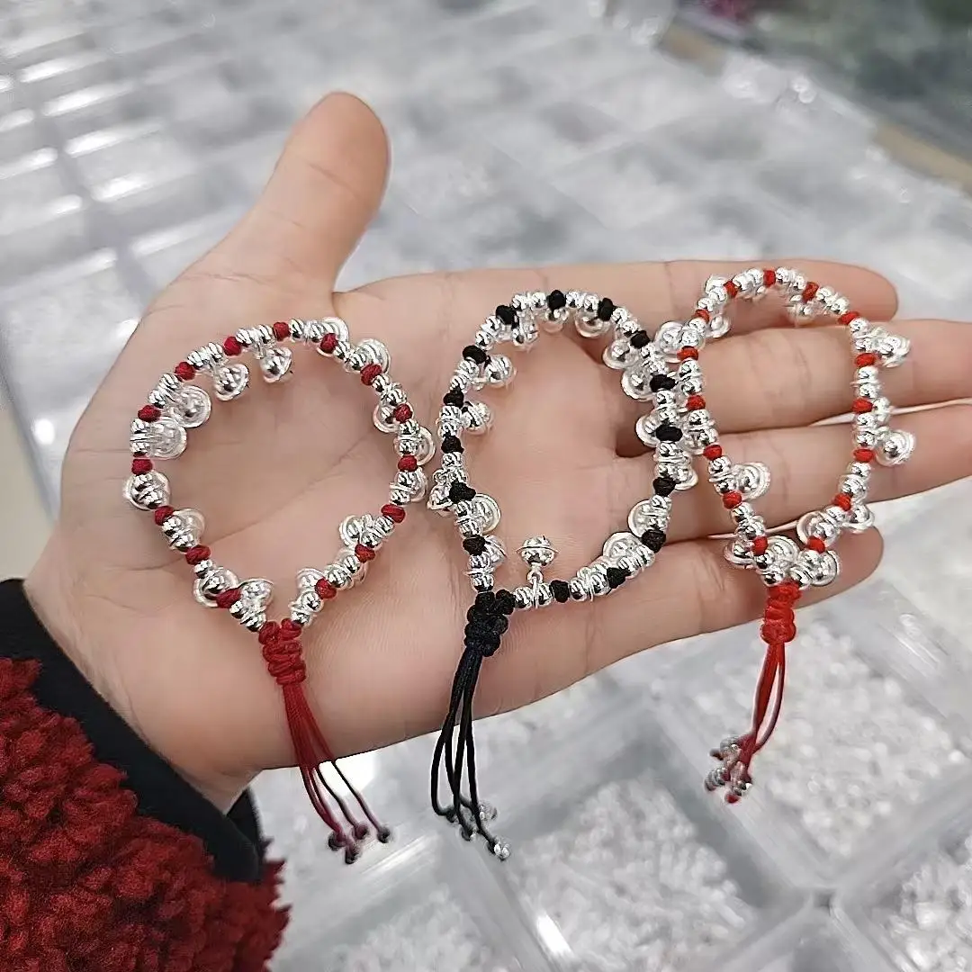 pure-silver-999-handmade-bells-bracelet-sound-producing-woven-red-rope-silver-ankle-chain-unisex-fashion-jewelry