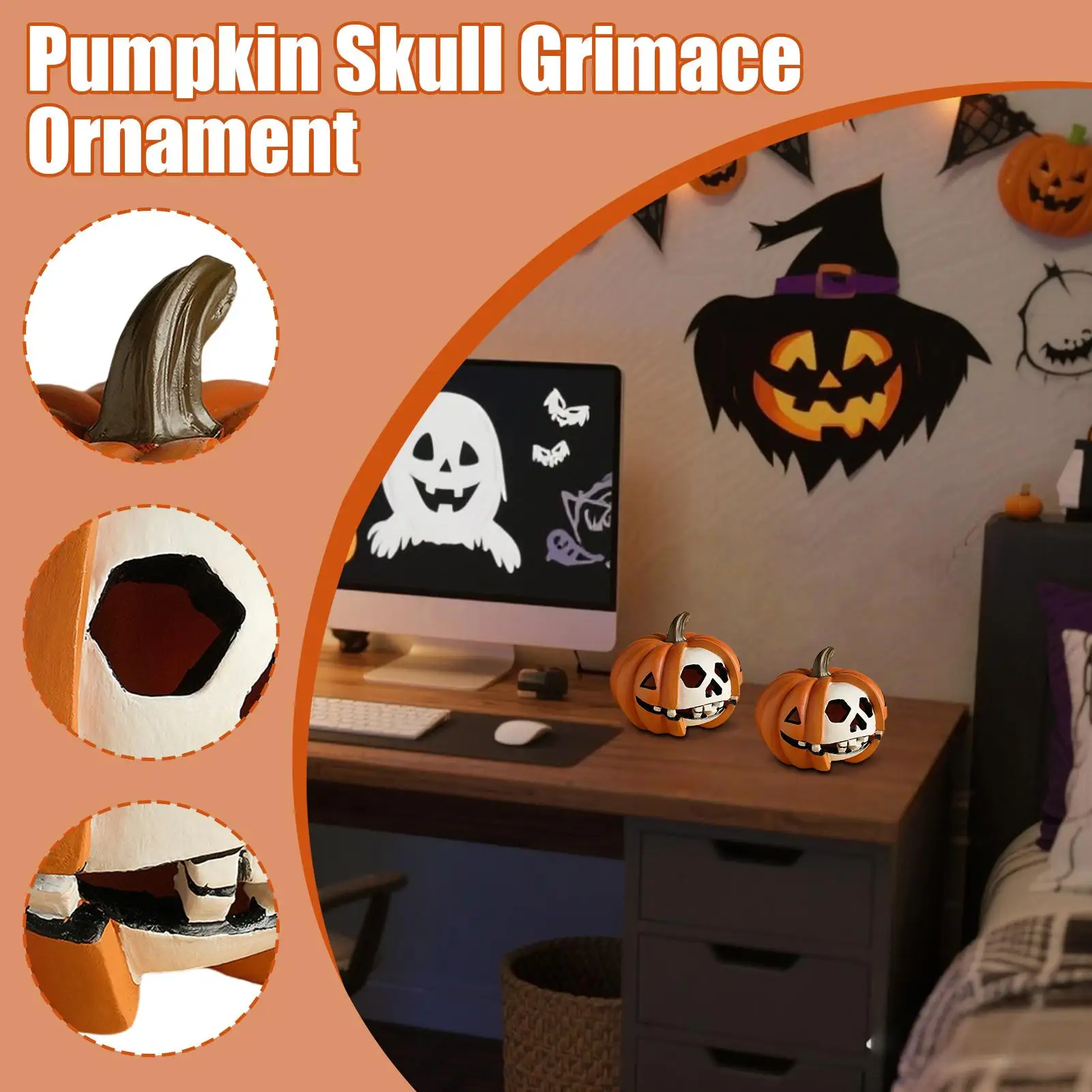 Pumpkin Decorations For Home Small Resin Skull Face Statue Pumpkin Statue For Fall Halloween Spooky Party Autumn Harvest Indoor