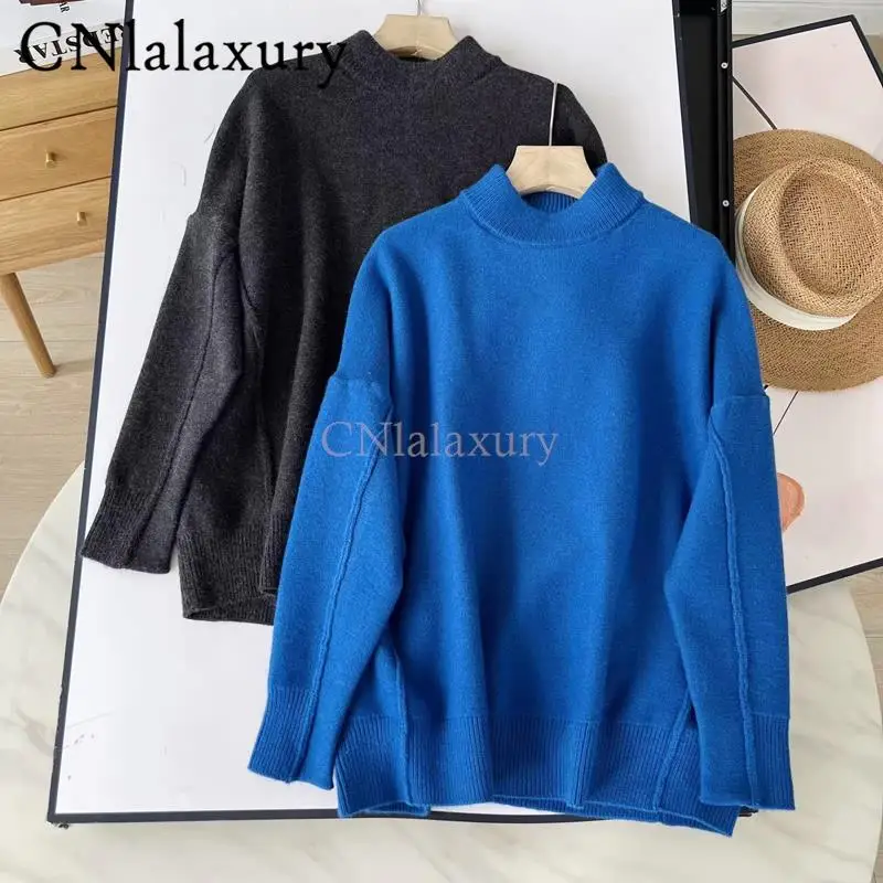 CNlalaxury 2024 Autumn Winter Women New Solid Color Simplicity Loose Raglan Sleeve Knit Leisure Loose Jumper Sweater Chic Tops