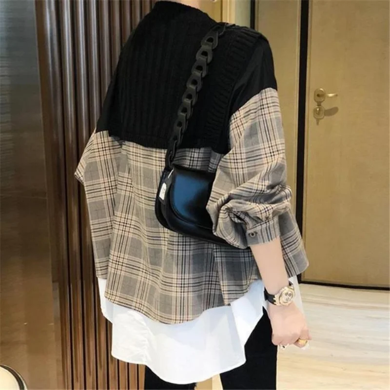 Women's Clothing Elegant Versatile Autumn and Winter New Fashion Slash Neck Splice Buttons Long Sleeve Casual Plaid Pullover