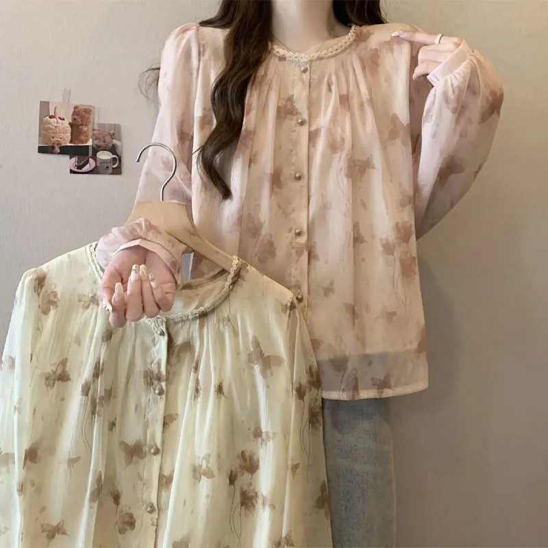 

Vintage Broken Flowers Printed Shirt Women's Clothing Round Neck Spring Autumn New Long Sleeve Fashion Lace Spliced Loose Blouse