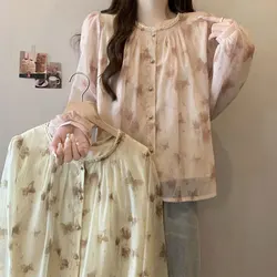 Vintage Broken Flowers Printed Shirt Women's Clothing Round Neck Spring Autumn New Long Sleeve Fashion Lace Spliced Loose Blouse