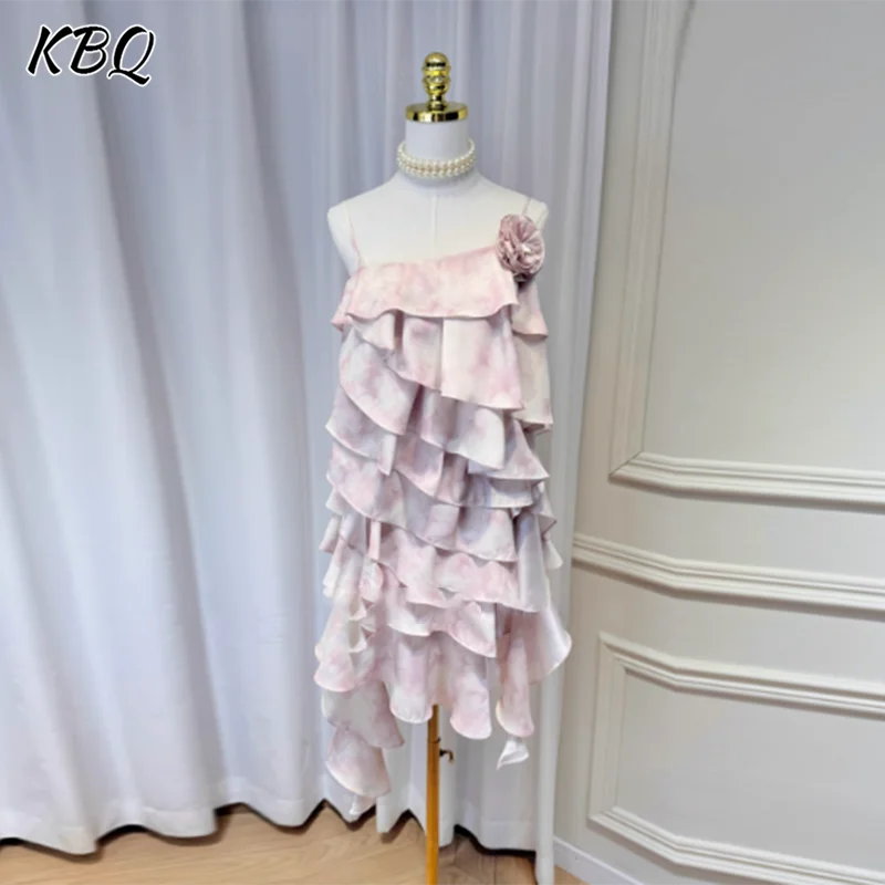 

KBQ French Hit Color Spliced Appliques Ruffles Dresses for Women Square Collar Backless Irregular Sweet Camisole Dress Female