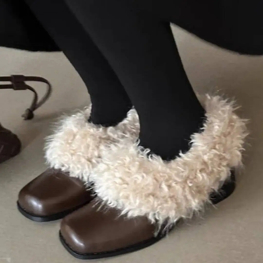 

Women Fur Leather Shoes 2025 Autumn Winter Square Toe Slip On Mary Jane Shoes Women's Retro Design Chunky Heel Fleece Warm Shoes
