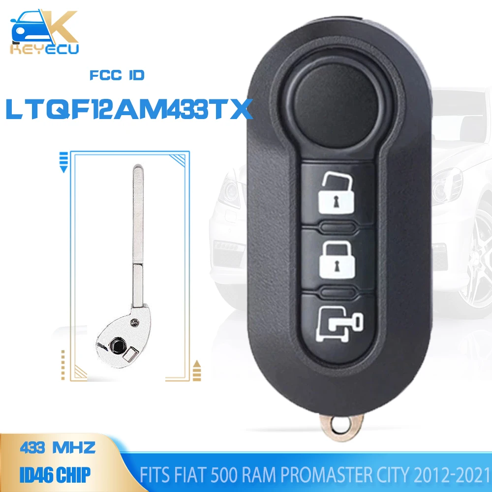 KEYECU  LTQF12AM433TX 433MHz Remote Key Fob 3 Button for Fiat 500 RAM Promaster City 2012-2021 (Delphi BSI)