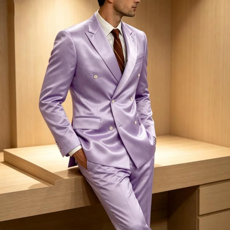 Traje de lujo para hombre de satén brillante de 2 piezas con solapa de pico, chaqueta cruzada y pantalón, elegante, ajustado, formal, para boda o fiesta