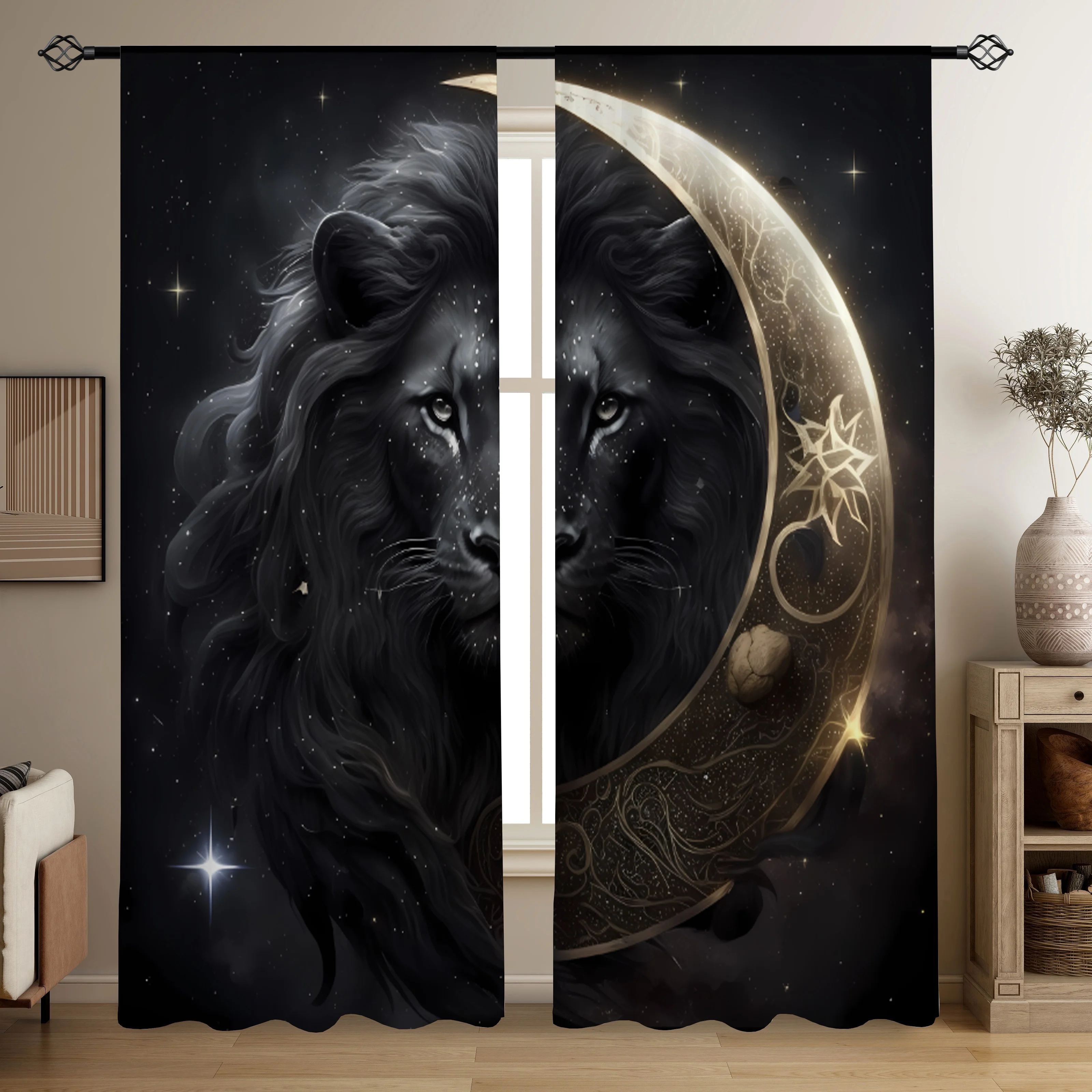 Mystical Black Lion Moon Print Curtains, Fantasy Animal Starry Sky Pattern Blackout Drapes for Bedroom, Gothic Home Decor Window