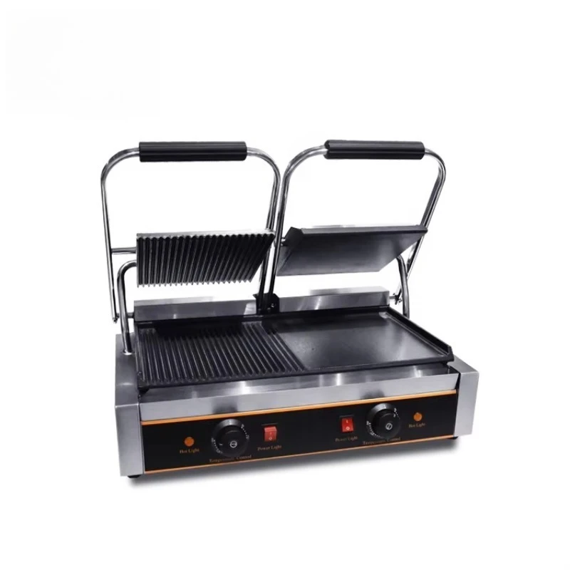 Commercial Restaurant Custom 3.6KW Double Pressure Cast Iron Plate Grill Stainless Steel Electric Sandwich Panini Griddle
