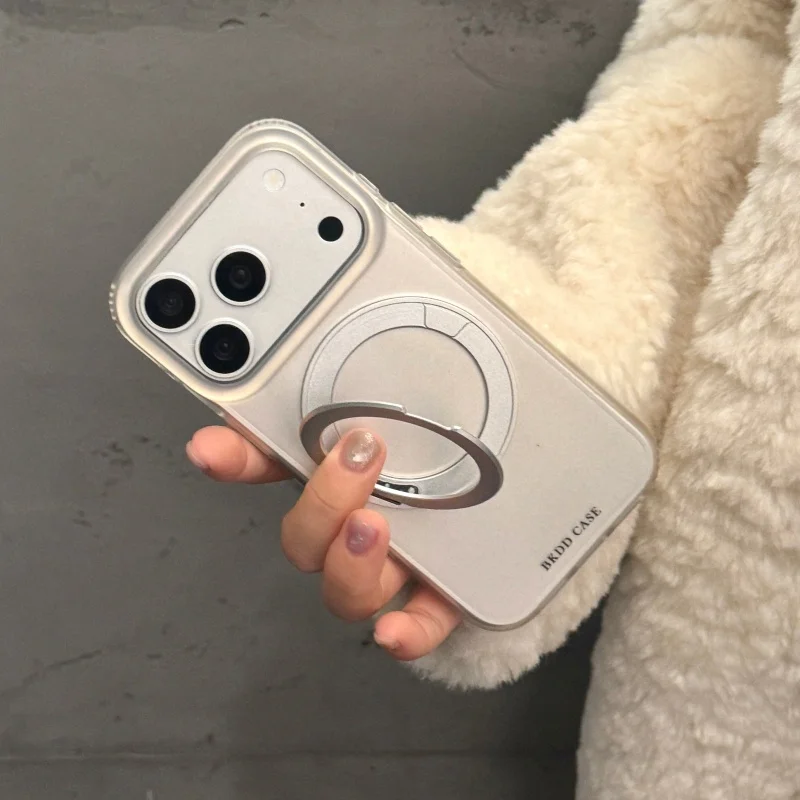 

Fashion Simple Silver Color Magnetic Rotation Ring Stand Phone Case For iPhone 17 Pro 16 15 14 Pro Max Protective Cover For Mags