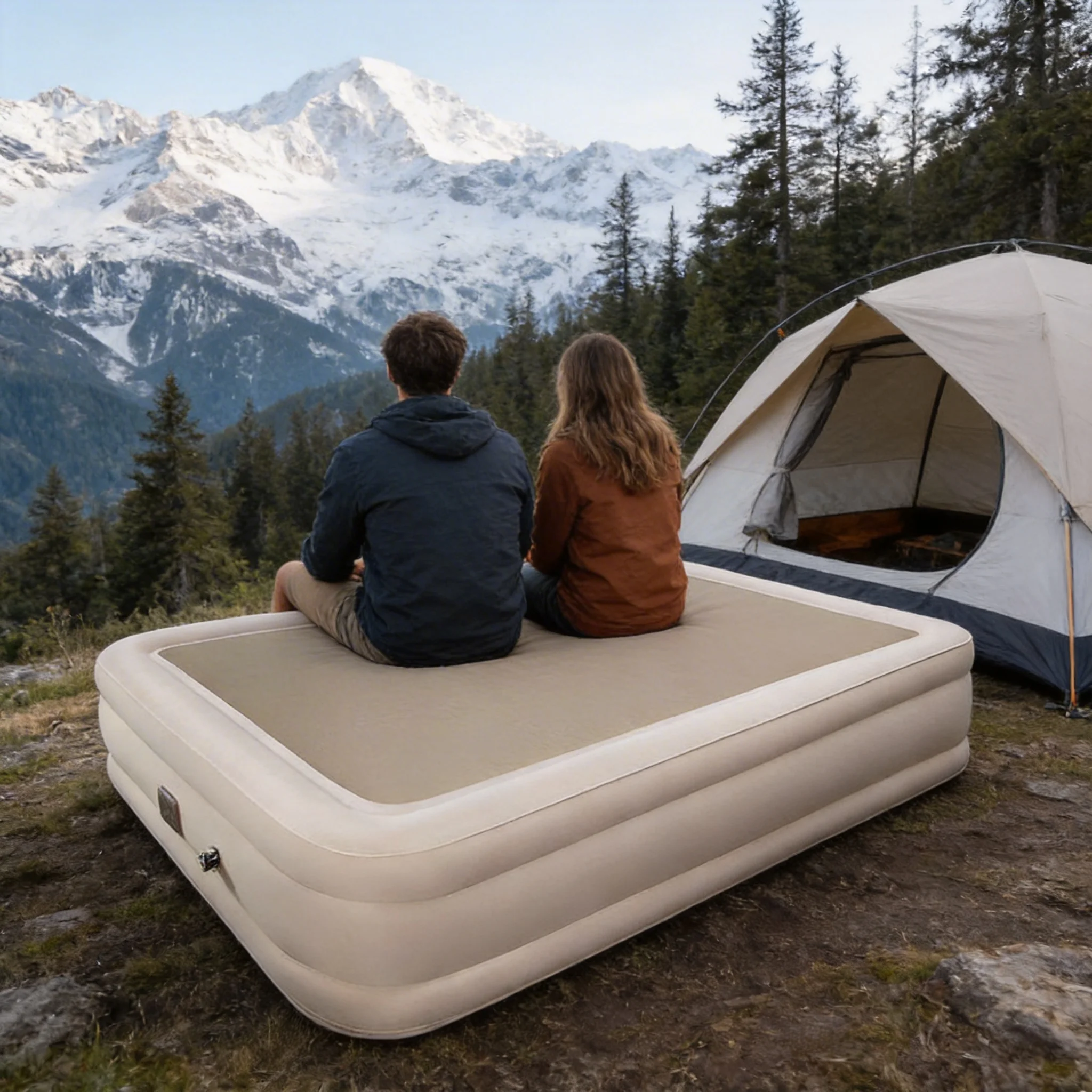 Self-inflatable high-air bed for 2 people, durable polyester polyester fabric, waterproof inflatable mattress, suitable for camp